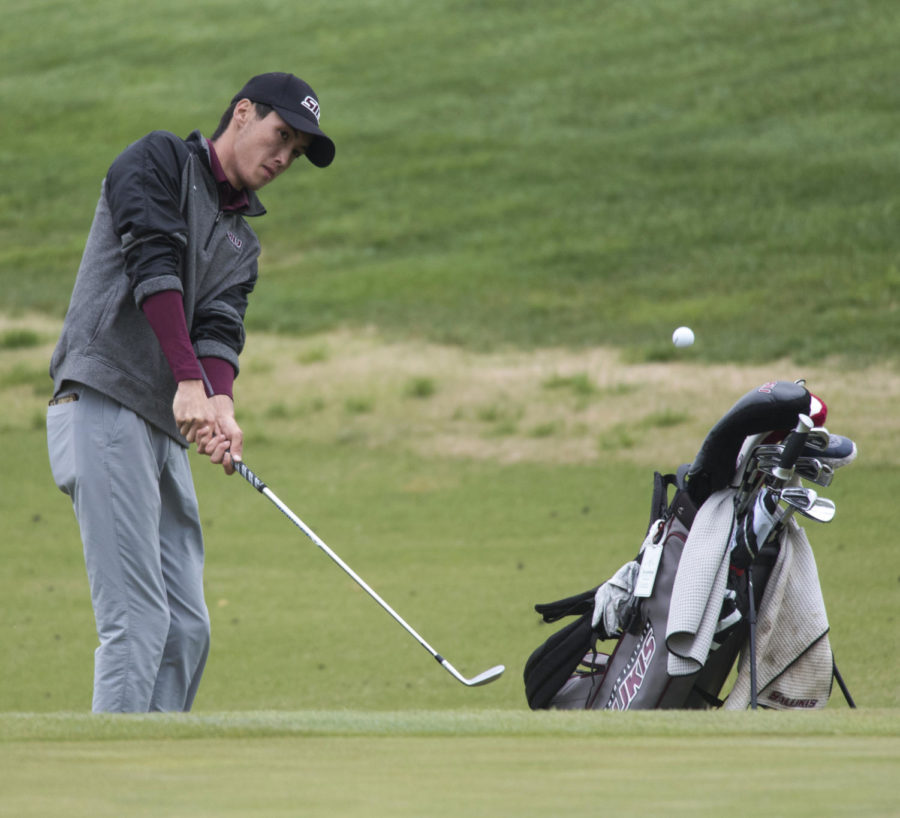Sophomore golfer Frankie Thomas tries to set himself up for a par putt Tuesday, Apr. 24, 2018, during the final round of the Missouri Valley Conference Championships at the Dalhousie Golf Club in Cape Girardeau, Missouri. (Cameron Hupp | @CHupp04)