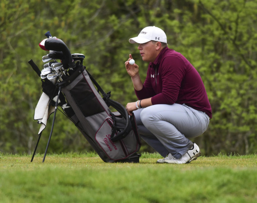 Junior golfer Peyton Wilhoit prepares for his next drive Tuesday, April 24, 2018, during the final round of the Missouri Valley Conference Championships at the Dalhousie Golf Club in Cape Girardeau, Missouri. (Cameron Hupp | @CHupp04)