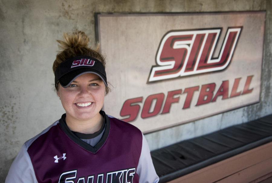Junior pitcher Brianna Jones poses for a portrait on Thursday, April 12, 2018, at Charlotte West Stadium in Carbondale. Jones has taken the MVC by storm and has earned her spot near the top of starting pitchers in the conference. (Cameron Hupp | @CHupp04)