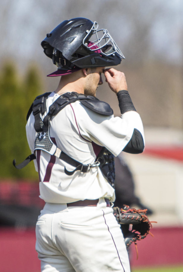 Southern Illinois sophmore catcher Austin Ulick reacts after a player for the Crusaders hit a homerun, Saturday, April 7, 2018, during the Valparaiso University Crusaders 6-2 victory against the Southern Illinois Salukis at Itchy Jones Stadium. (Corrin Hunt | @CorrinIHunt)