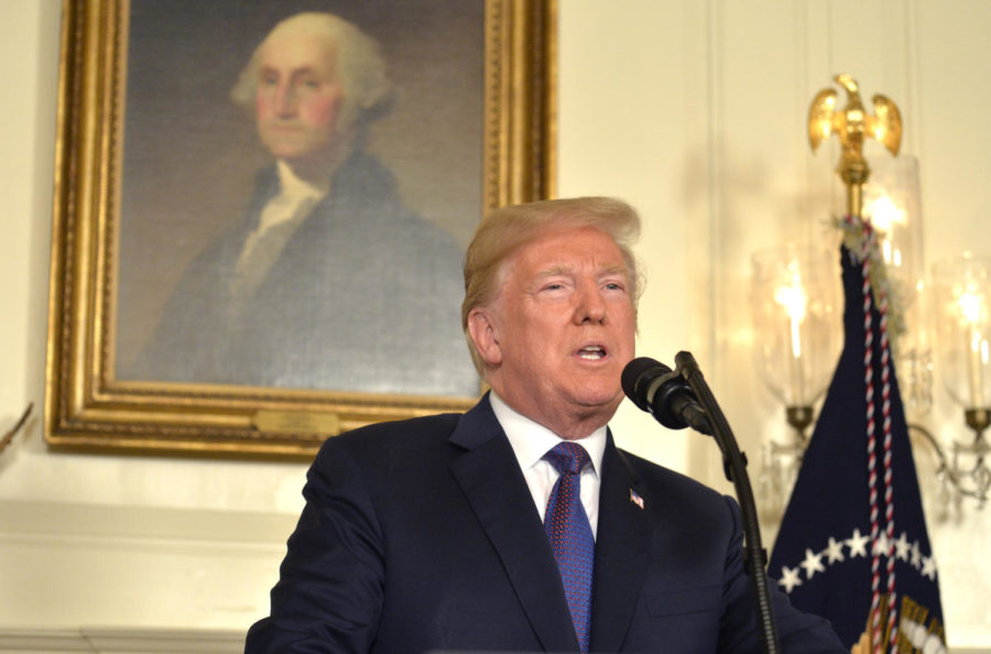 President Donald Trump announces military action against Syria for the recent gas attack on civilians, at the White House in Washington, D.C., on Friday, April 13, 2018. (Mike Theiler/Sipa USA/TNS)