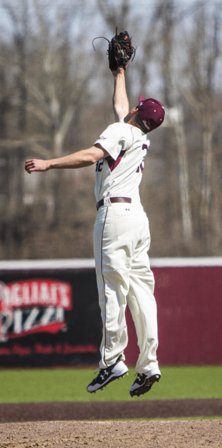 Southern Illinois senior Jamison Steege (32) jumps to catch the ball, Saturday, April 7, 2018, during the Valparaiso University Crusaders 6-2 victory against the Southern Illinois Salukis at Itchy Jones Stadium. (Corrin Hunt | @CorrinIHunt)