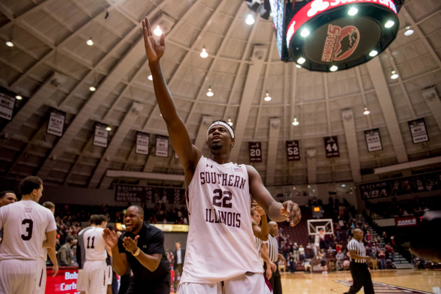 Junior guard Armon Fletcher gestures towards the crowd Wednesday, Feb. 14, 2018, during the Salukis 81-80 win against the Missouri State Bears at SIU Arena. (Brian Munoz | @BrianMMunoz)