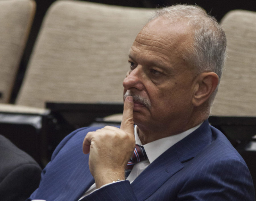 Chancellor Carlo Montemagno looks on as the members of the Board of Trustees vote on Wednesday, May 30, 2018, during the Board of Trustees special meeting at the SIU School of Medicine auditorium in Springfield. (Isabel Miller | Daily Egyptian)
