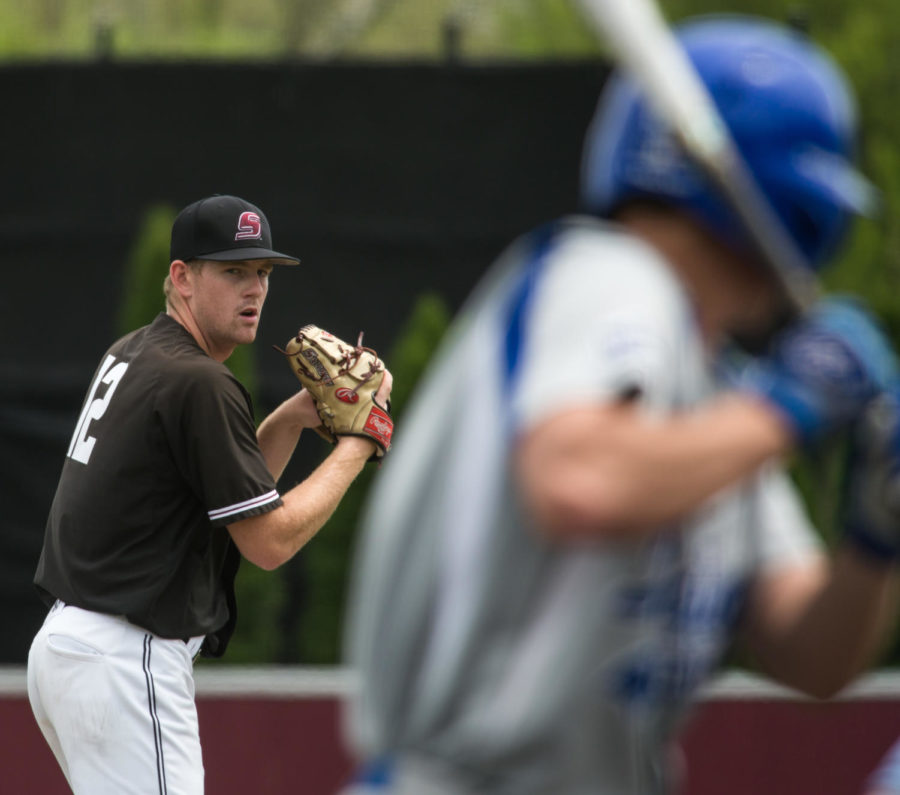 Sophomore pitcher Brad Harrison looks in for a sign from his catcher Sunday, May 6, 2018, during the Salukis 11-3 loss against the Indiana State Sycamores at Itchy Jones Stadium. (Cameron Hupp | @CHupp04)