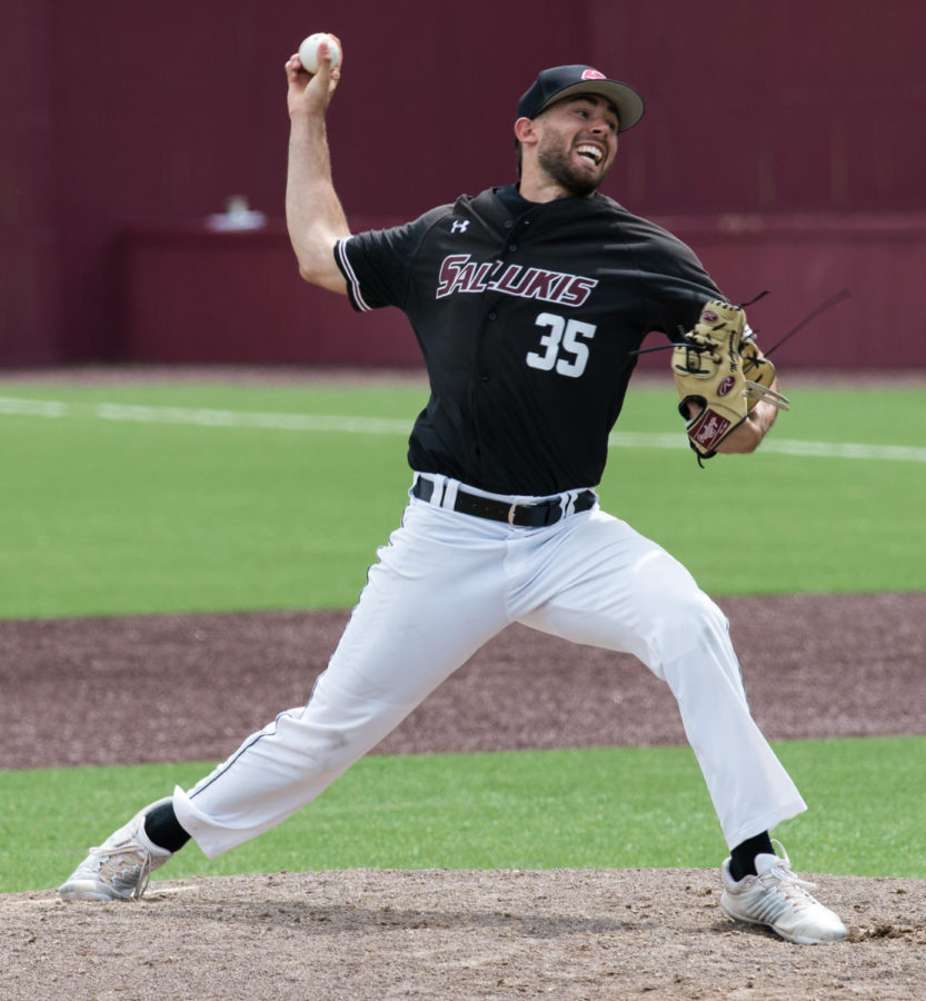 Senior pitcher Allen Montgomery deals a pitch Sunday, May 6, 2018, during the Salukis 11-3 loss against the Indiana State Sycamores at Itchy Jones Stadium. (Cameron Hupp | @CHupp04)
