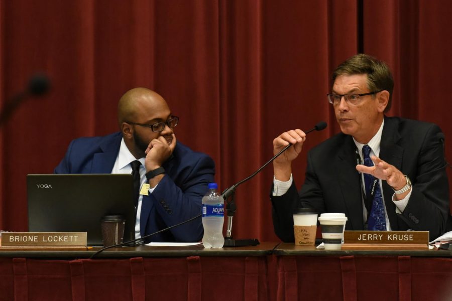 SIU School of Medicine Dean and Provost Jerry Kruse responds to a presentation, next to SIUC Student Trustee Brione Lockett at the SIU Board of Trustees meeting Thursday, Sept. 13, 2018, in the Meridian Ballroom at SIUE. (Jeremy Brown | @JeremyBrown_DE)