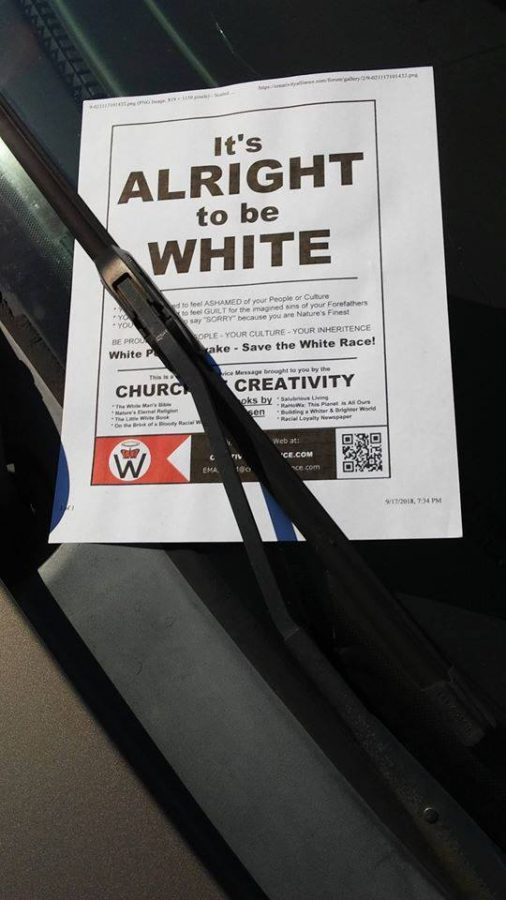 A racist propaganda flier on the windshield of a car at John A. Logan Community College on Tuesday.