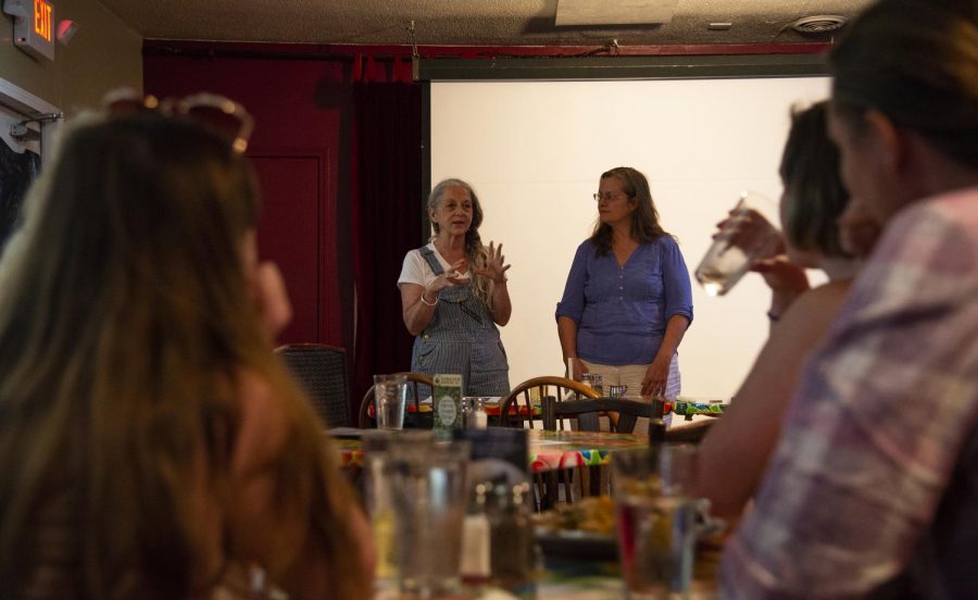 Elaine Ramseyer (left) and Jenn Pellow (right) discuss the sustainable measures their local businesses have adopted Wednesday, Sept. 5, 2018, at the Longbranch Cafe and Bakery in Carbondale. Ramseyer manages the Longbranch Cafe and Pellow manages the Town Square Market both located in Carbondale. (Cameron Hupp)