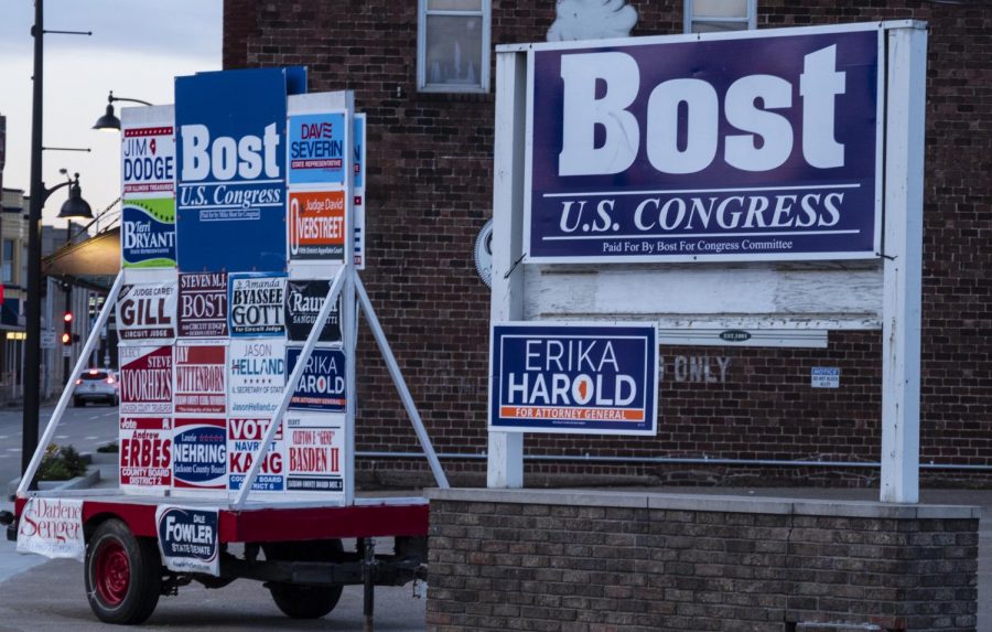 Campaign signs are posted along Route 13 in Carbondale as Illinois’ Election Day grows nearer, on Oct. 17, 2018. (Carson VanBuskirk | @carsonvanbDE)
