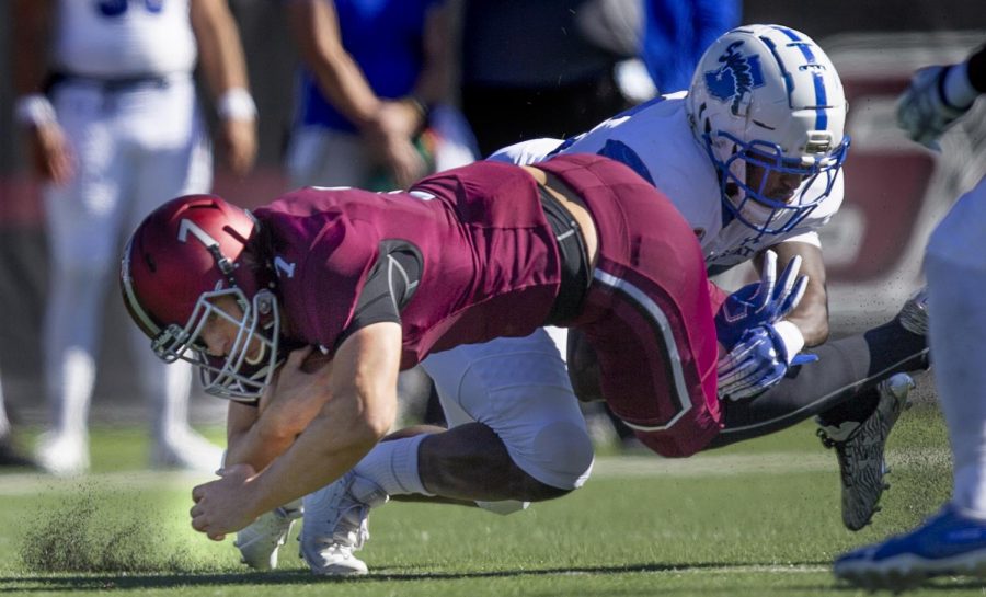 Senior wide receiver Matt Quarells advances the ball during the Salukis 24-21 loss against the Indiana State Sycamores at Saluki Stadium, Saturday, Oct. 20, 2018. (Isabel Miller | @IsabelMillerDE)