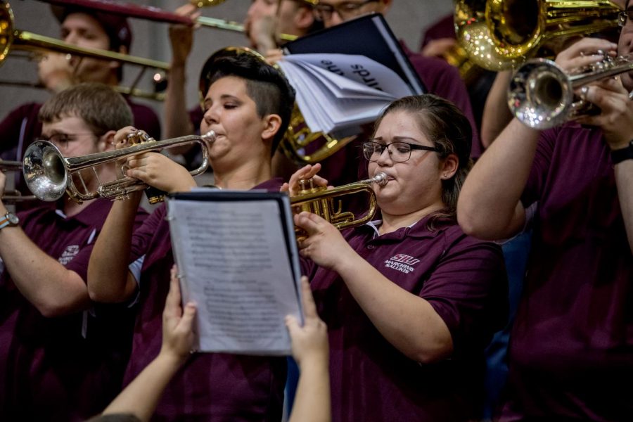 The Saluki Pep Band performs on Wednesday, December 12, 2018 during the first half of the Salukis matchup against the Murray State Racers.  