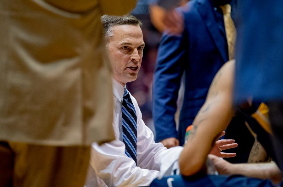 Murray State Racers head coach Matt McMahon talks to his team during a media time out on Wednesday, December 12, 2018 during the first half of the Salukis matchup against the Murray State Racers.  