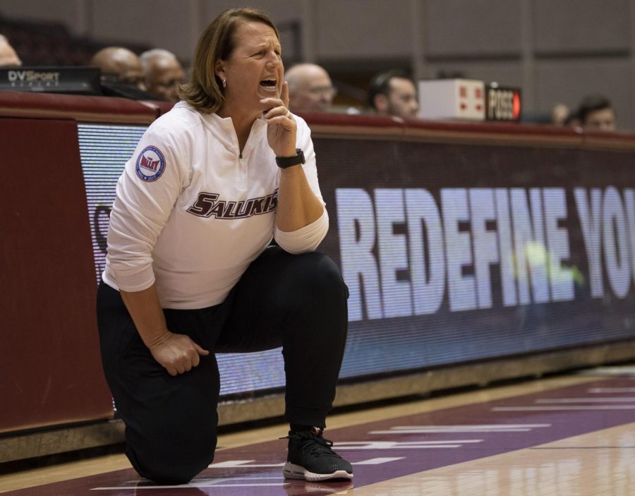 Coach Cindy Stein yells at her players on Friday, Jan. 4, 2019, after the Salukis 47-64 win against the Evansville Purple Aces at SIU Arena. 