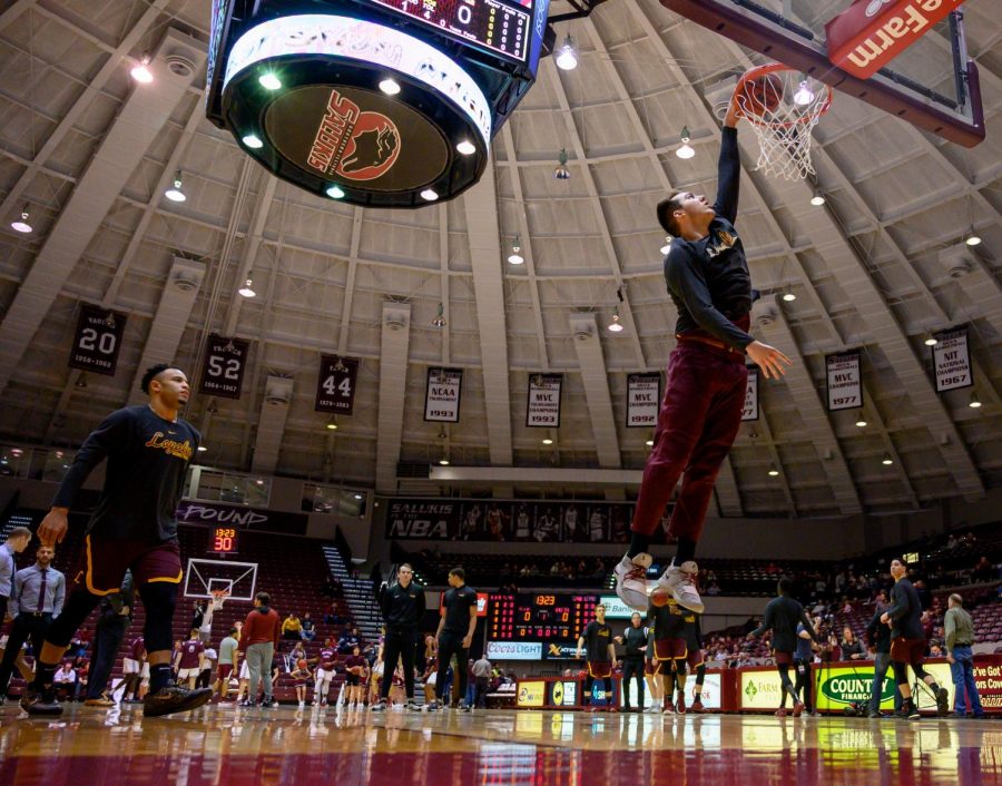 Loyola Ramblers center Cameron Krutwig goes for a basket on Sunday, Feb. 24, 2019, before a matchup between the Southern Illinois Salukis and the Loyola Ramblers at SIU Arena.