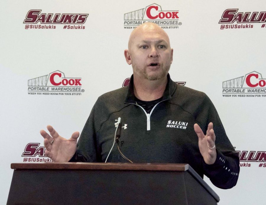Head coach of the Women’s Soccer team at SIU, Grant Williams, discusses the girls’ upcoming season and what to expect. At a press conference at Cook Club in the SIU Arena Feb. 14, 2019, Williams answers all of the questions about the team this year. 