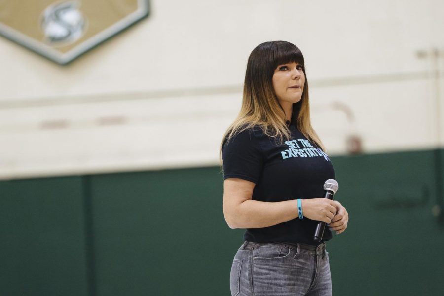 Brenda Tracy talks about her graphic recount of the gang rape she suffered at the hands of Oregon State football players, in front of almost 500 student athletes at Sacramento State in Sacramento, Calif., on October 17, 2018.