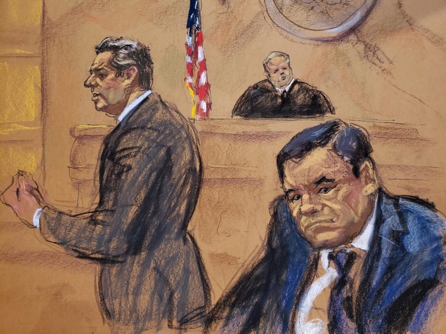A view of a photographic reproduction of a drawing by Jane Rosenberg that shows Mexican drug lord Joaquin El Chapo Guzman, right, attorney Jeffrey Lichtman, left, and justice Brian Cogan, center, during the first session of his trial before the Brooklyn South District Court, in New York, Nov. 13, 2018. Guzman was found guilty by a unanimous jury verdict.