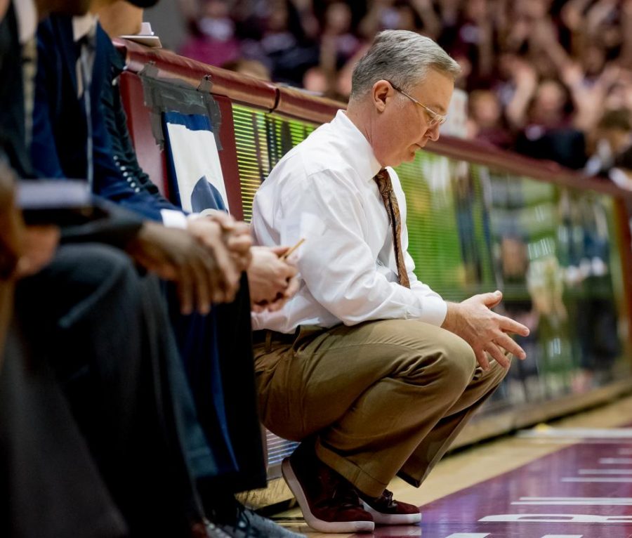 Southern Illinois Salukis head coach Barry Hinson pauses during a free throw on Saturday, March 2, 2019 during the Southern Illinois Salukis 72-63 win over the Illinois State Redbirds at SIU Arena in Carbondale, Illinois. 