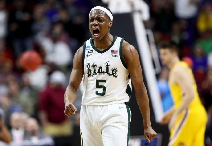 DES MOINES, IOWA - MARCH 23: Cassius Winston #5 of the Michigan State Spartans celebrates a basket against the Minnesota Golden Gophers during the second half in the second round game of the 2019 NCAA Mens Basketball Tournament at Wells Fargo Arena on March 23, 2019 in Des Moines, Iowa.