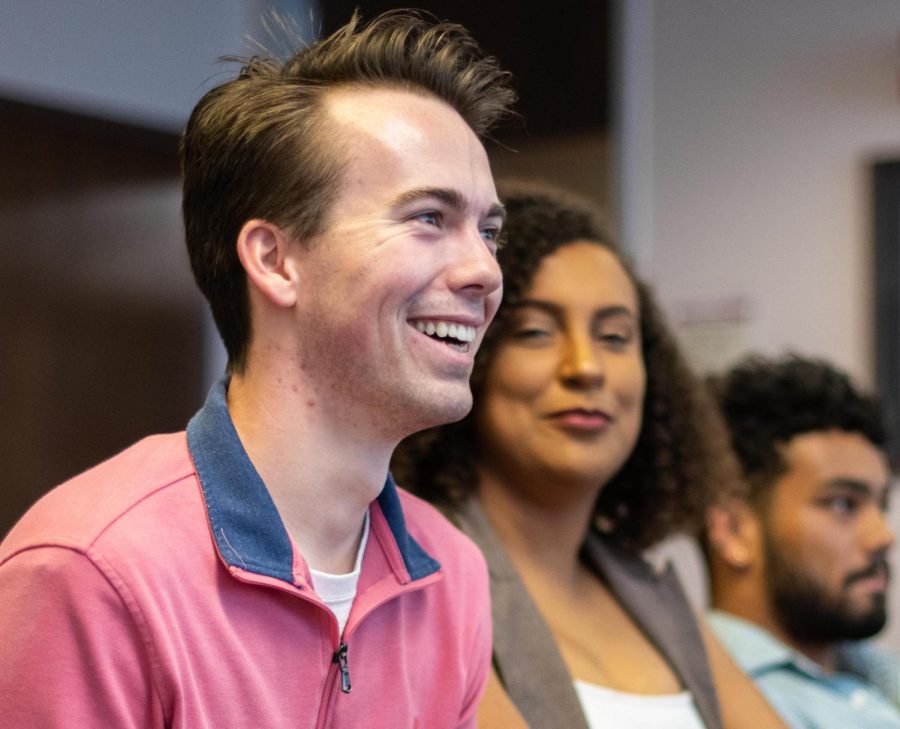 Colton Newlin smiles after winning the election for USG president on April 10, 2019 inside the Student Center. 
