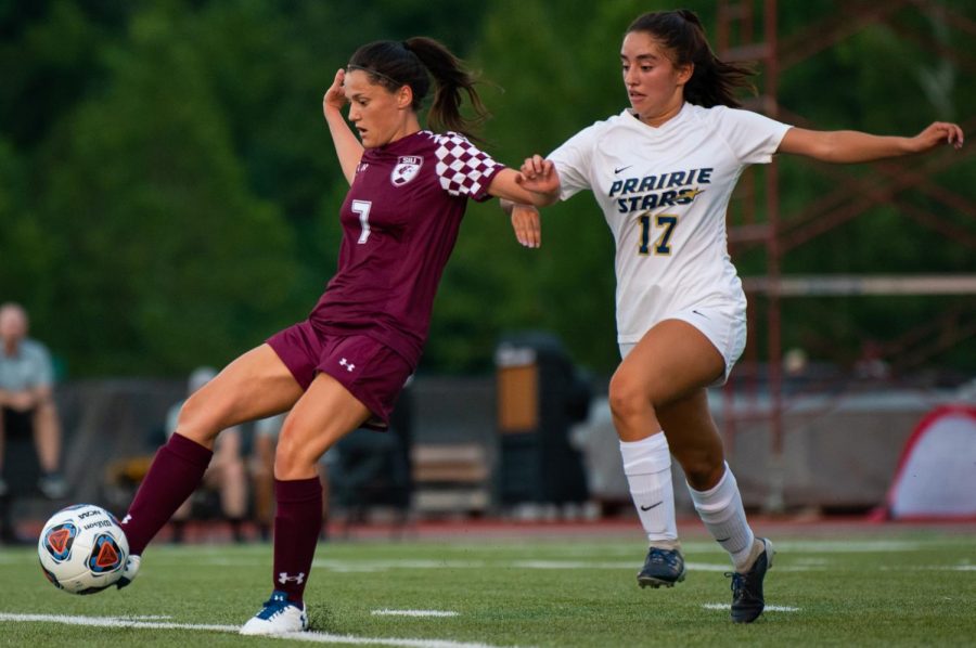 Saluki senior Andrea Rodriquez steals the ball on Saturday, Aug. 23, 2019 during the Salukis 2-0 win against the University of Illinois-Springfield Prairie Stars at the Lew Hartzog Track & Field Complex.