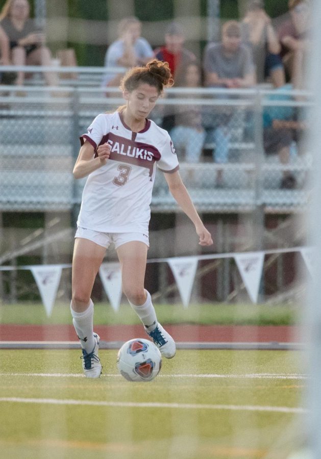 Saluki Emma Spotak kicks the ball on Tuesday, Aug. 27, 2019 during the Salukis 1-0 win against the Rose-Hulman Fightin Engineers at the Lew Hartzog Track & Field Complex.