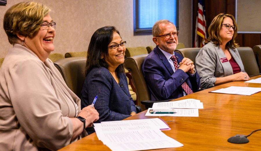 SIU Administration: Rae Goldsmith, Meera Komarraju, Interim Chancellor John Dunn and Jennifer DeHaemers react during a news conference on Wednesday, Sept. 4, 2019. The meeting discussed the 2019 enrollment numbers for SIU.