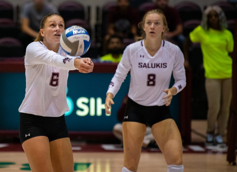 Junior opposite hitter Emma Baalman hits the ball on Saturday, Sept. 7, 2019 during the Salukis’ 3-1 win against the Southeastern Louisiana University Lions at the Banterra Center. 