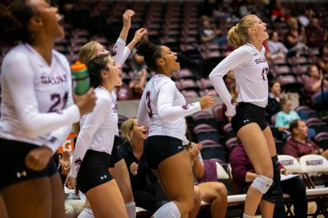 The Saluki bench reacts on Saturday, Sept. 7, 2019 during the Salukis’ 3-1 win against the Southeastern Louisiana University Lions at the Banterra Center. 
