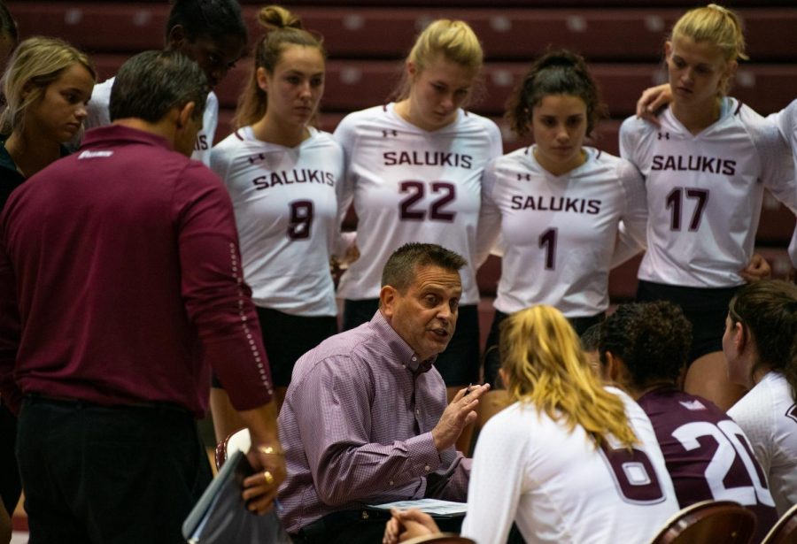 Head Coach Ed Allen speaks to the team during a time out on Saturday, Sept. 7, 2019 during the Salukis’ 3-1 win against the Southeastern Louisiana University Lions at the Banterra Center. 