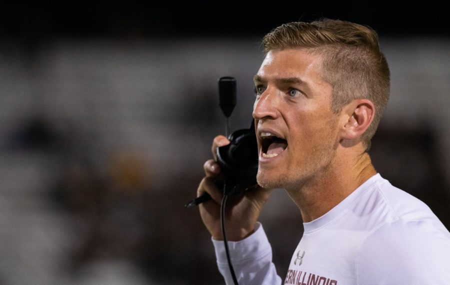Saluki Head Coach Nick Hill reacts on Saturday, Sept. 14, 2019 at SIU Arena during the Salukis 28-14 win against the Tennessee-Martin Skyhawks. 