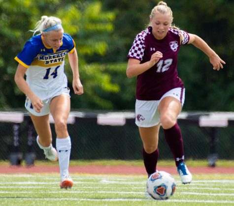 Saluki freshman Madison Meiring drives the ball forward on Sunday, Sept. 15, 2019 during the Salukis 2-1 win in overtime against the Morehead State Eagles at the Lew Hartzog Track & Field Complex.