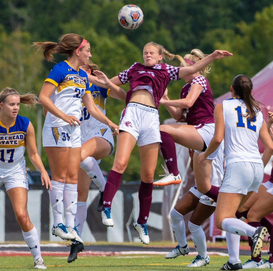 The Salukis fight for the ball on Sunday, Sept. 15, 2019 during the Salukis 2-1 win in overtime against the Morehead State Eagles at the Lew Hartzog Track & Field Complex.
