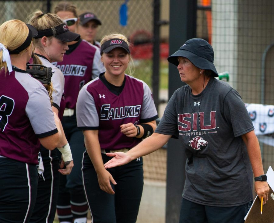 Head Coach Kerri Blaylock talks to the team on Saturday, Sept. 21, 2019 during the Salukis 4-0 win against the Murray State Racers at Charlotte West Stadium.