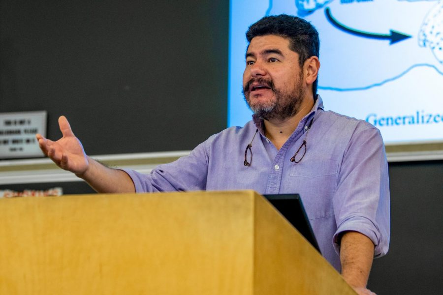  Dr. Fransisco Jimenez addresses his class on Wednesday, Sept. 25, 2019, inside Lawson Hall.
