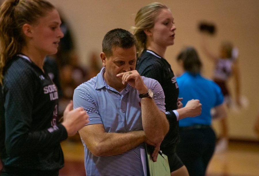 Head Coach Ed Allen reacts on Saturday, Oct. 5, 2019 during the Salukis 0-3 loss against the University of Northern Iowa Panthers inside Davies Gym. 