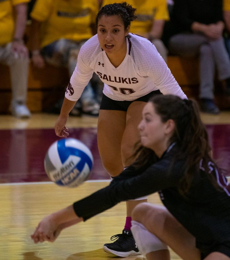 Saluki Laura Rojas watches the ball on Saturday, Oct. 5, 2019 during the Salukis 0-3 loss against the University of Northern Iowa Panthers inside Davies Gym. 