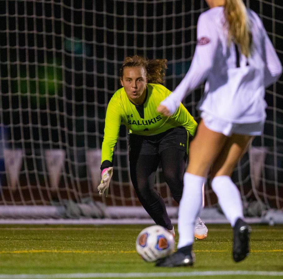 Saluki freshman Dariana Mihalache defends the goal on Friday, Oct. 18, 2019 during the Salukis 0-2 loss against SIUE Cougars at the Lew Hartzog Track & Field Complex.