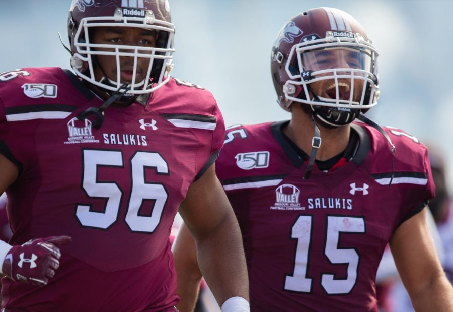 Salukis Keenan Agnew and Javon Williams Jr. react on Saturday, Oct. 19, 2019 during the Salukis 35-10 win against the Youngstown State Penguins.
