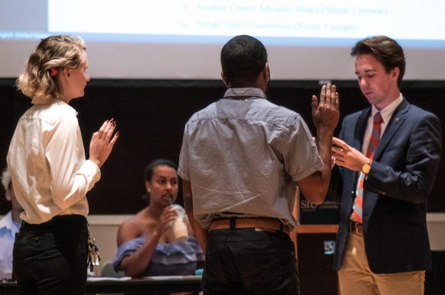 Undergraduate Student Government President Colton Newlin swears in new members of the student senate on Tuesday, Oct. 1, 2019 in the Student Center.