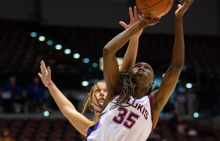 Junior forward Awa Keita goes for a basket on Saturday, Nov. 16, 2019 during the Salukis 76-65 win against the Tennessee Tech University Golden Eagles. 