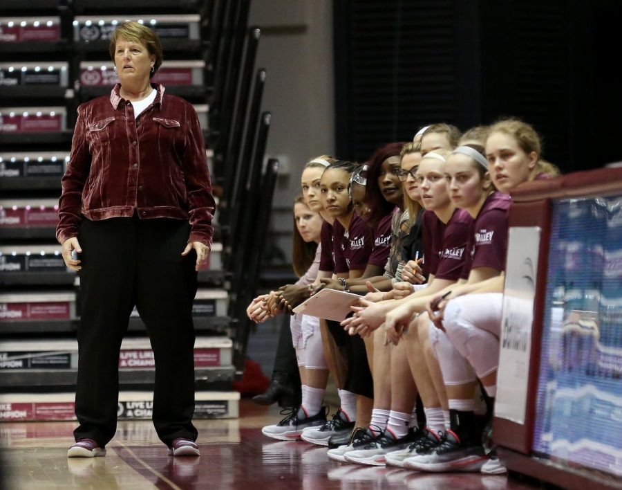 Saluki head coach Cindy Stein stands near her bench Friday, January 10, 2020, during the Salukis 60-57 loss to the Northern Iowa Panthers inside the Banterra Center.