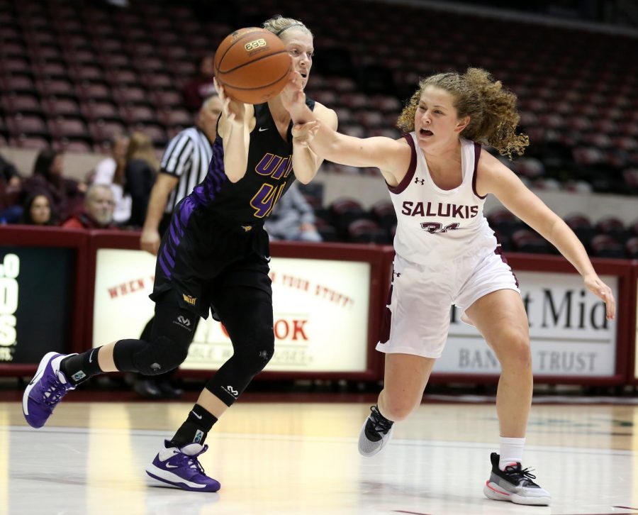 Saluki guard Payton McCallister steals the ball from Panthers guard Abby Gerrits on Friday, January 10, 2020, during the Salukis 60-57 loss to the Northern Iowa Panthers inside the Banterra Center.
