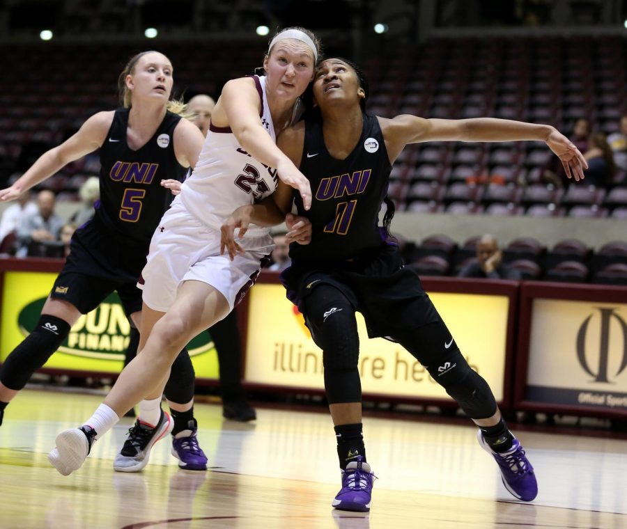 Saluki forward Abby Brockmeyer jostles for position with Panthers forward Bre Gunnels on Friday, January 10, 2020, during the Salukis 60-57 loss to the Northern Iowa Panthers inside the Banterra Center.