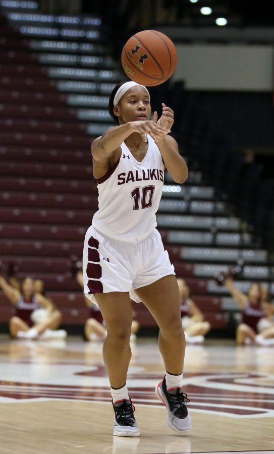Saluki guard Brittney Patrick passes the ball on Friday, January 10, 2020, during the Salukis 60-57 loss to the Northern Iowa Panthers inside the Banterra Center.