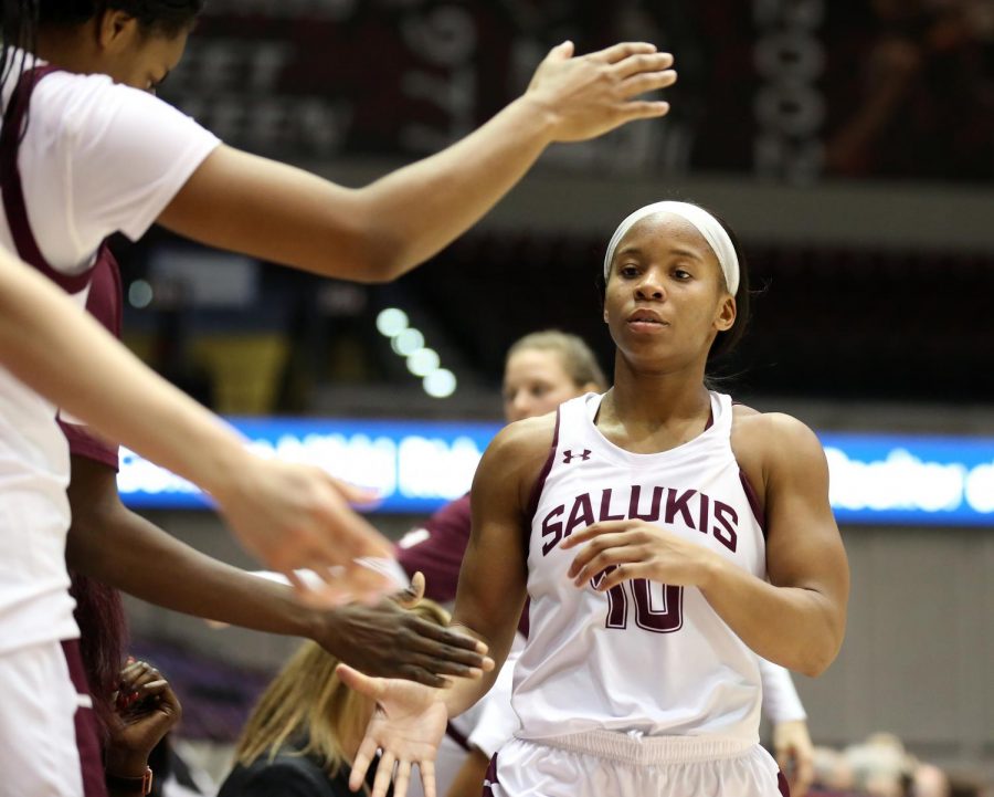 Saluki guard Brittney Patrick returns to the bench on Friday, January 10, 2020, during the Salukis 60-57 loss to the Northern Iowa Panthers inside the Banterra Center.