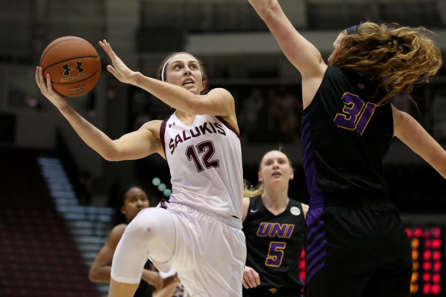 Saluki guard Mackenzie Silvey goes up for two on Friday, January 10, 2020, during the Salukis 60-57 loss to the Northern Iowa Panthers inside the Banterra Center.