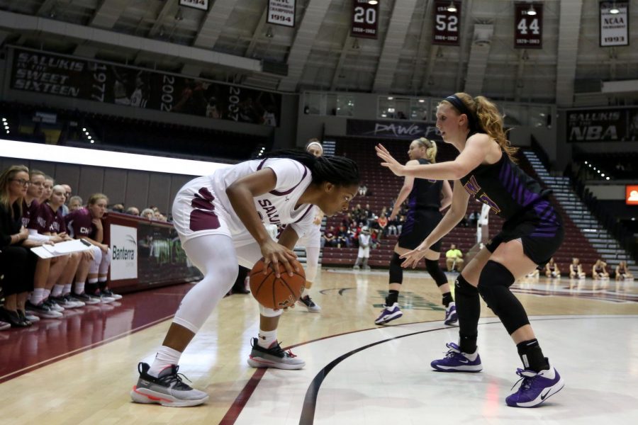 Saluki forward Nicole Martin gets set to make her move against Panthers guard Kristina Cavey on Friday, January 10, 2020, during the Salukis 60-57 loss to the Northern Iowa Panthers inside the Banterra Center.