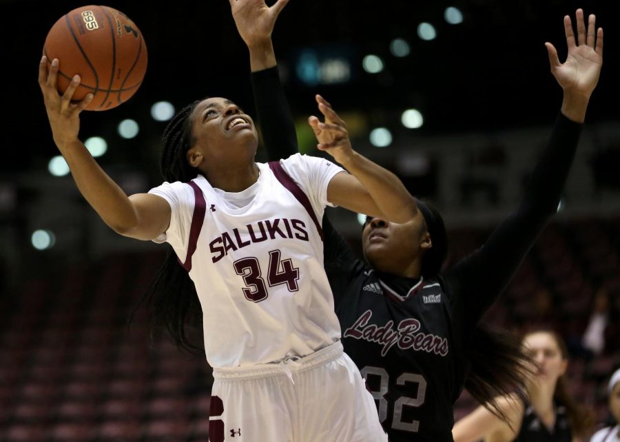 Saluki forward Nicole Martin goes up for two on Friday, January 17, 2020, during the Salukis dramatic 70-68 victory over the Missouri State Lady Bears at the Banterra Center.